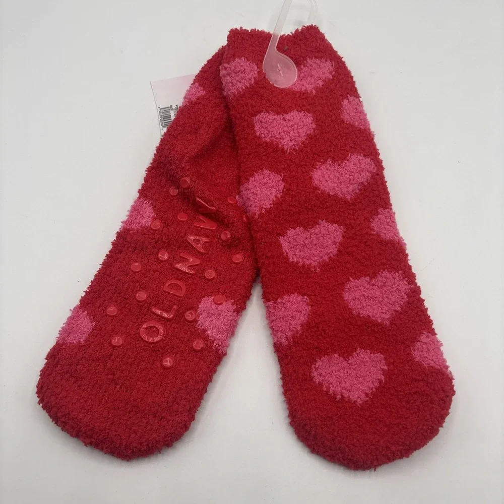 Old‎ Navy Cozy Gripper Kids Socks One Size Red Pink Hearts Unisex Fuzzy Soft NEW